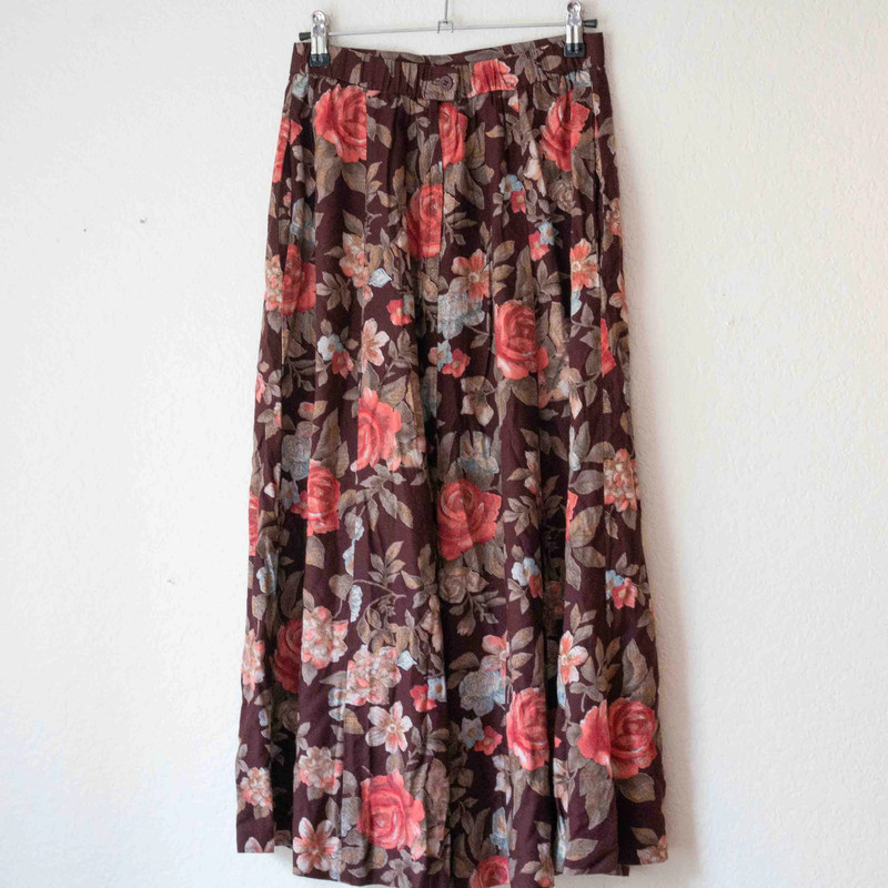 Vintage Burgundy Floral Print Rayon Skirt 2