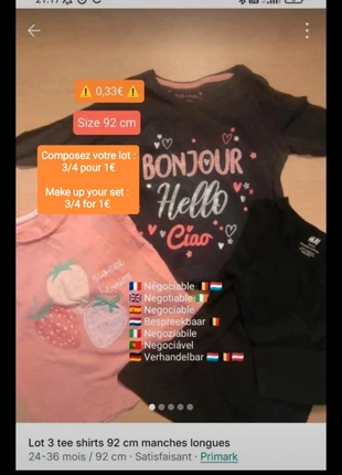 Lot 3 manches longues + 1 offert, brand: Primark, condition: Satisfactory, size: 24-36 months / 92 cm, €1.00, €1.75 includes Buyer Protection