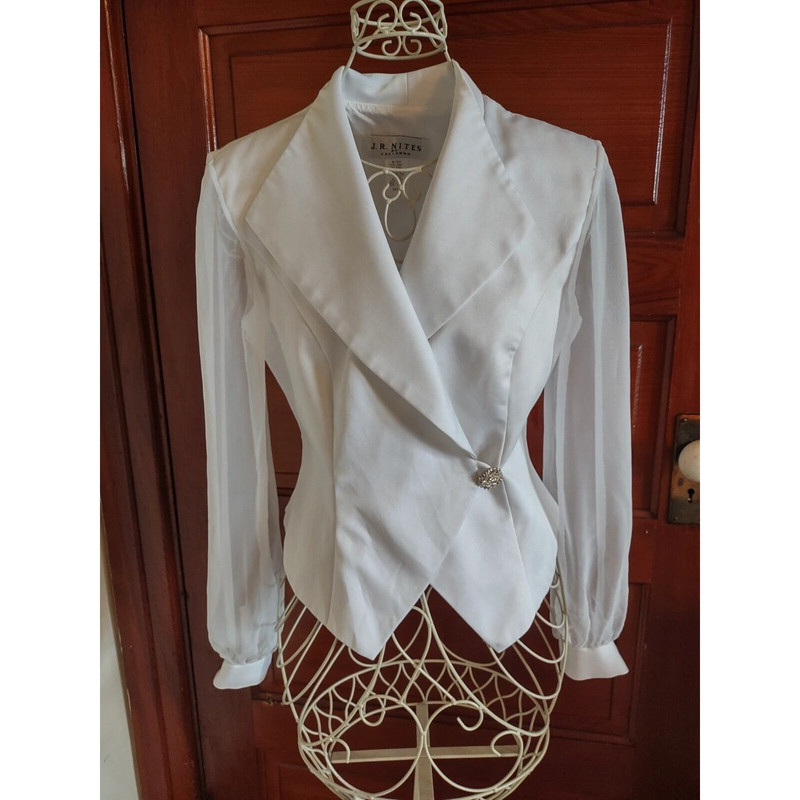 Sz 6 Vintage 90s Caliendo JR Nites White Satin Sheer Sleeve Jacket Tuxedo Blazer 2