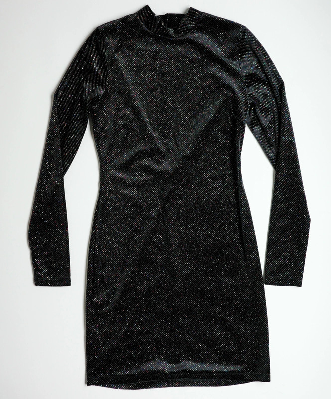 Inspired Hearts Glitter Black Mini Dress - High Neck, Elegant Exposed Back - Size M 1