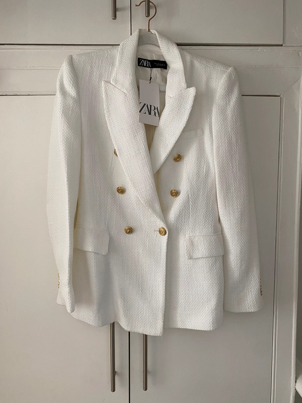 ZARA White Tweed Textured Double-Breasted Blazer Jacket with Gold ...