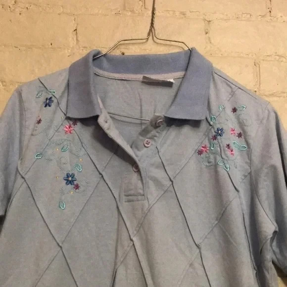 Blair Women's L Vintage Light Blue Embroidered Floral Diamond Stitch Polo Shirt 2