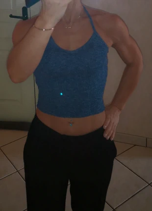 Top court en laine, dos nu bleu chiné T1, marca: Jennifer, estado: Muito bom, tamanho: S / 36 / 8, €3.00, €3.85 inclui Proteção do Comprador