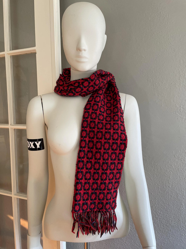 Red Cashmere Scarf with Black and Blue Geometric Design 1