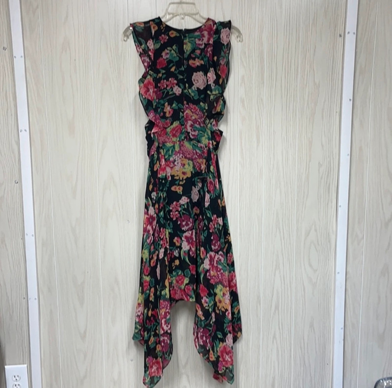 BCBGMaxAzria Black Floral Side Cut Out Asymmetrical Hem Maxi Dress