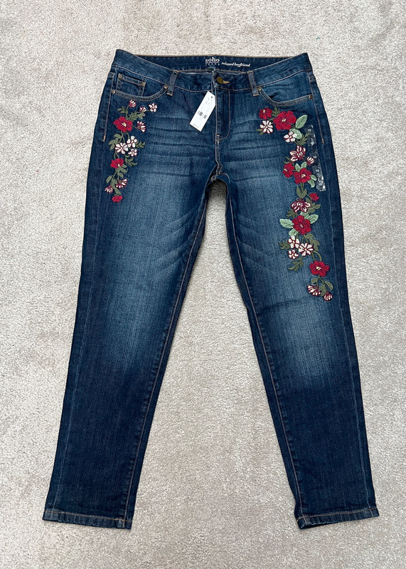 NY & Co Womens Embroidered Jeans size 10 Floral Relaxed Boyfriend Blue Soho NWT 2