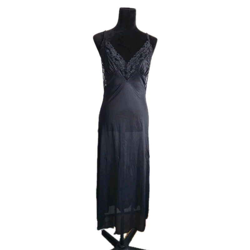 Vintage Women's Unbranded Black Nylon Lace Nightgown Slip Dress
