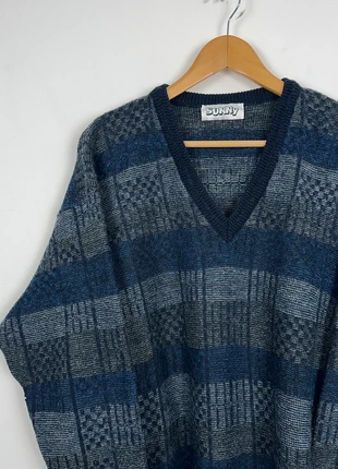Retro navy patterned grey blue vneck short fit jumper by Sunny, brand: Vintage Dressing, condition: Very good, size: L, £22.50, £24.33 includes Buyer Protection Pro