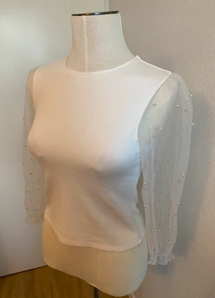 T-shirt à manches transparentes à paillettes blanc Tally Weijl, merk: Tally Weijl, staat: Heel goed, maat: S / 36 / 8, € 6,00, € 7,00 inclusief Kopersbescherming