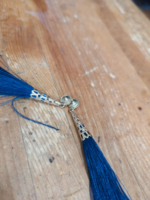 Earrings dark blue Fringe gold tone hardware rhinestones. 3.5 in Long. 5