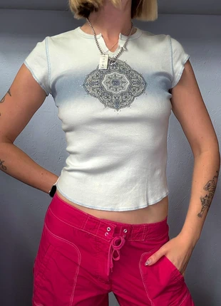 Y2K White Graphic Baby Tee Mandala Print Fitted Rave Indie 00s, brand: y2k, condition: Very good, size: S / 8, £28.00, £30.10 includes Buyer Protection