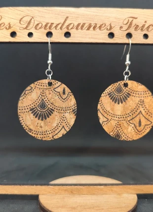 Boucles d'oreille rondes en bois et en liège, brand: sansnom., condition: New without tags, €12.00, €13.30 includes Buyer Protection