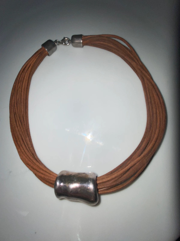 16” brown leather multicorded necklace silvertone metal accents barrel slide pendant 5