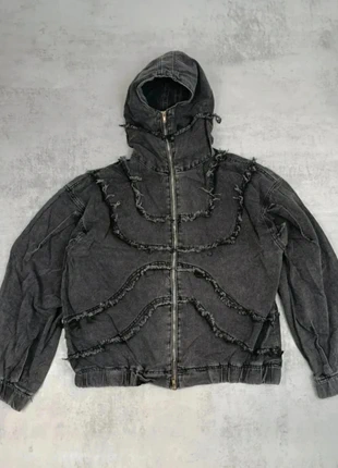 Veste denim grise oversize M col montant zippé patchwork unisexe style Y2K techwear, brand: Vintage Dressing, condition: New without tags, size: M, €60.00, €63.70 includes Buyer Protection