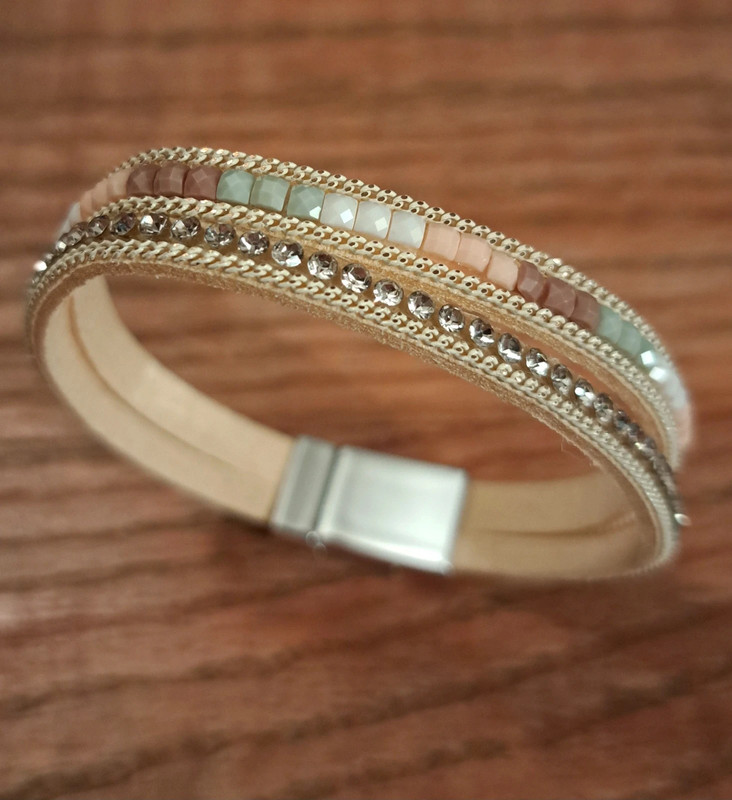 Tan leather bracelet with rhinestones and magnetic clasp 1