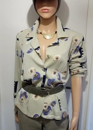 Chemisier en crêpe beige imprimé floral bleu T46, marca: Vintage, estado: Muy bueno, tamaño: XXXL / 46 / 18, 21,00 €, 22,75 € Protección al comprador incluida