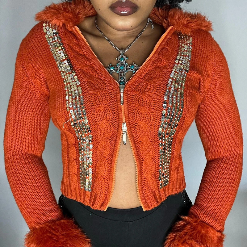 Y2K Orange Faux Fur Knit Sequin Sweater 5