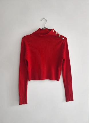 Maglioncino / pullover a collo alto, rosso, cropped, a costine, bottoni decorativi, tg unica, marque: Aurora Lin, état: Neuf sans étiquette, taille: Taille unique, 4,00 €, 4,90 € Protection acheteurs incluse