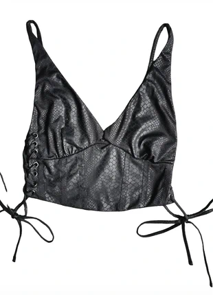Top court noir lacet goth grunge style effet peau de serpent brillant noué, marque: COQUETTE, état: Très bon état, taille: XS / 34 / 6, 12,50 €, 13,83 € Protection acheteurs incluse