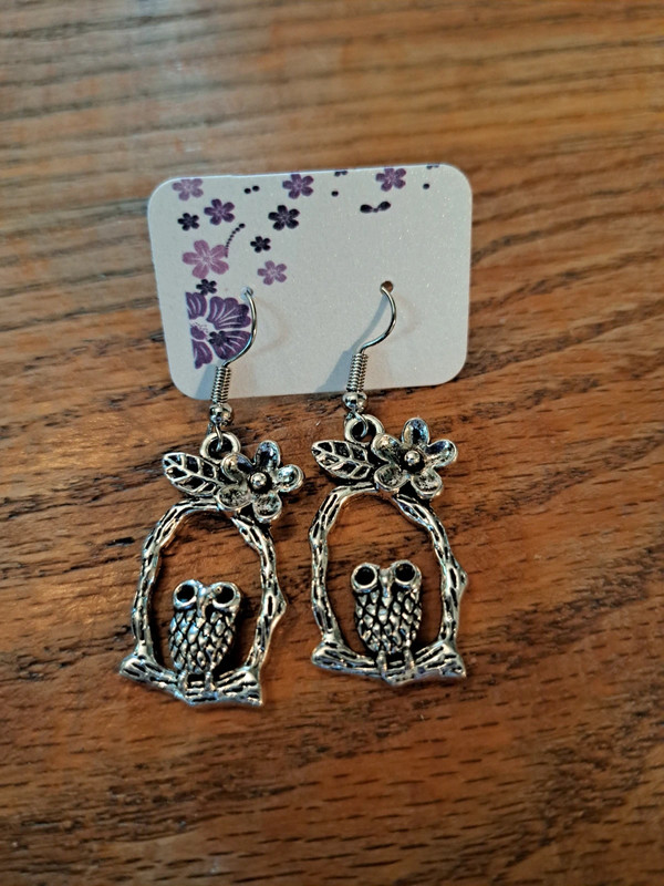 silver owl on perch charm earrings 1