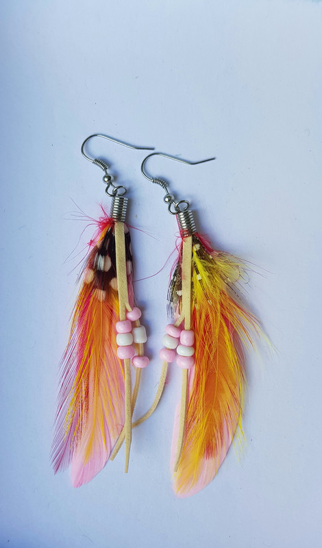 Boucles d'oreilles plumes rose et orange 1