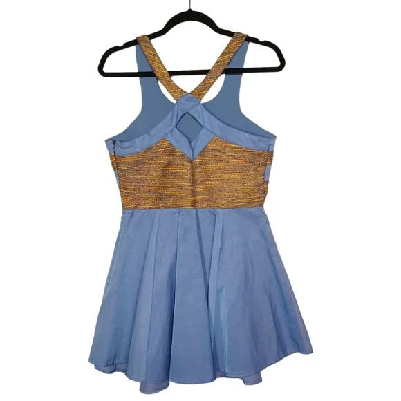 Wish Periwinkle Blue Yellow Orange Tweed Embroidered Sleeveless A-Line Dress S 3