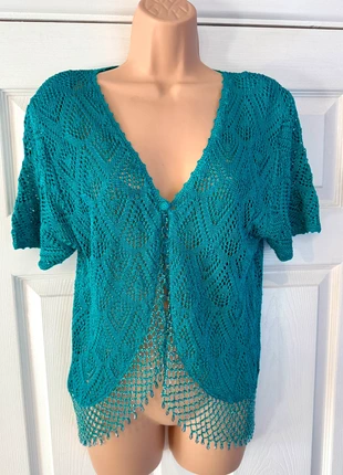 Turquoise Crochet Beaded Knitted Short Sleeved Kimono Cardigan size Small 8-12, brand: NO LABEL, condition: Very good, size: M / UK 12-14, £7.97, £9.07 includes Buyer Protection