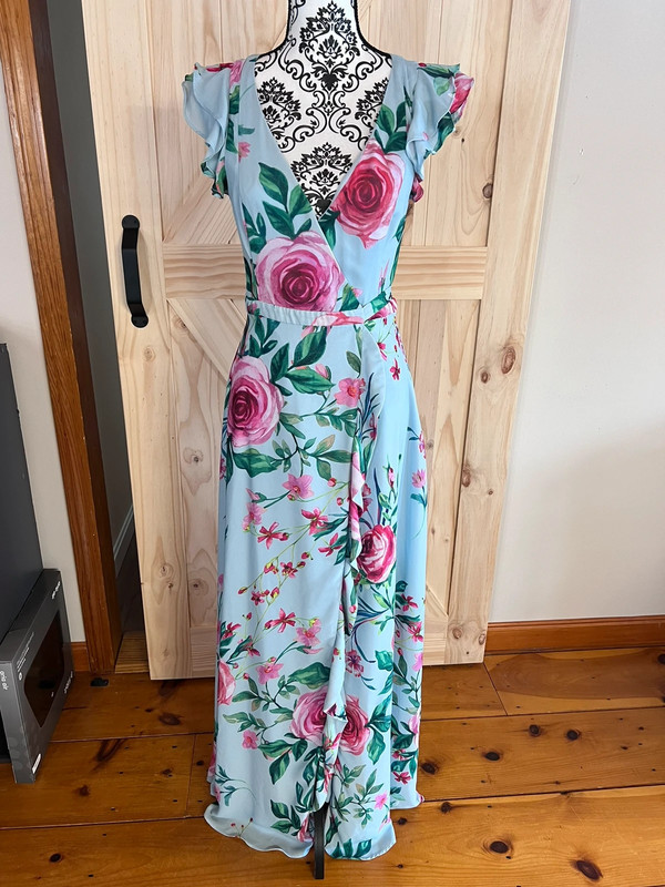 Light Blue and Pink Rose Print Wrap Maxi Dress 1