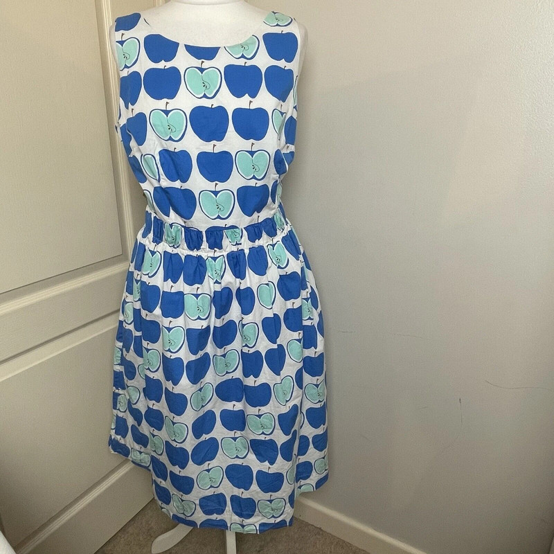 Boden Size 14L Blue Apple Print Beatrice Pockets Fit Flare Dress WH769 Tall