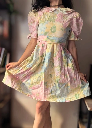 Robe motif fleurs rose jaune bleu manches bouffantes lolita babydoll XS 34 XXS 32 12ans, marca: Vintage, estado: Bom, tamanho: XXS / 32 / 4, €10.00, €11.20 inclui Proteção do Comprador
