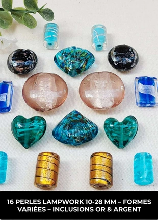 16 perles verre lampwork 10-28 mm – cœurs, coquillages, cylindres – inclusions or et argent, état: Très bon état, taille: Taille unique, 10,99 €, 12,24 € Protection acheteurs (Pro) incluse