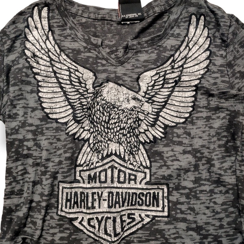 Harley Davidson vintage Y2K raw hem cropped ribbed long sleeve top big HD eagle 2