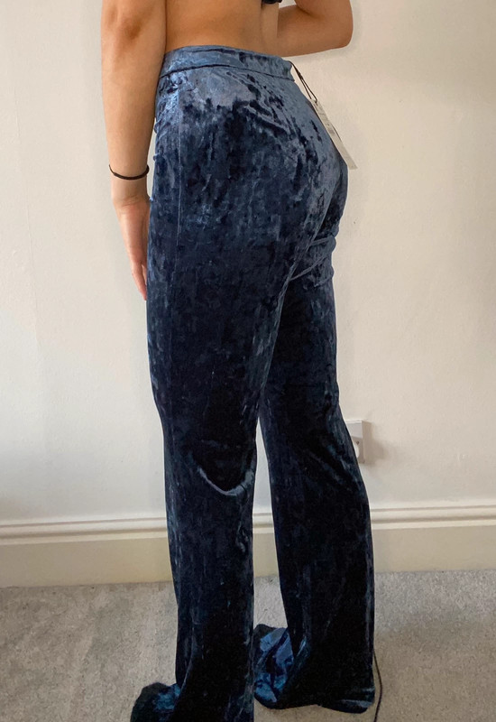 ZARA NEW WOMAN HIGH WAISTED VELVET WIDE LEG TROUSERS PANT BLUE