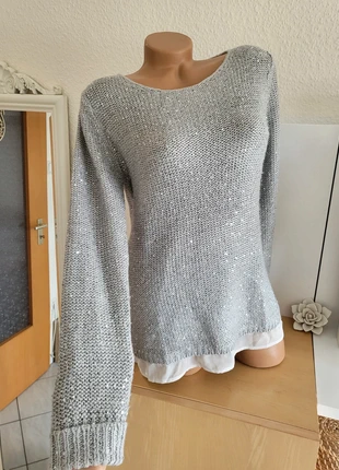 Schöner Strick-Pullover S/36 Silber Glitzer Pailetten Lagenlook chic glitter, merk: Esmara, staat: Heel goed, maat: S / 36 / 8, € 8,00, € 9,10 inclusief Kopersbescherming