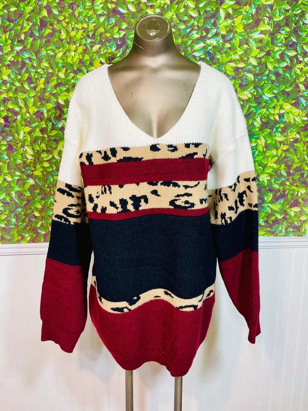 Burgandy Leopard Colorblock Sweater Size Large Modern Chic