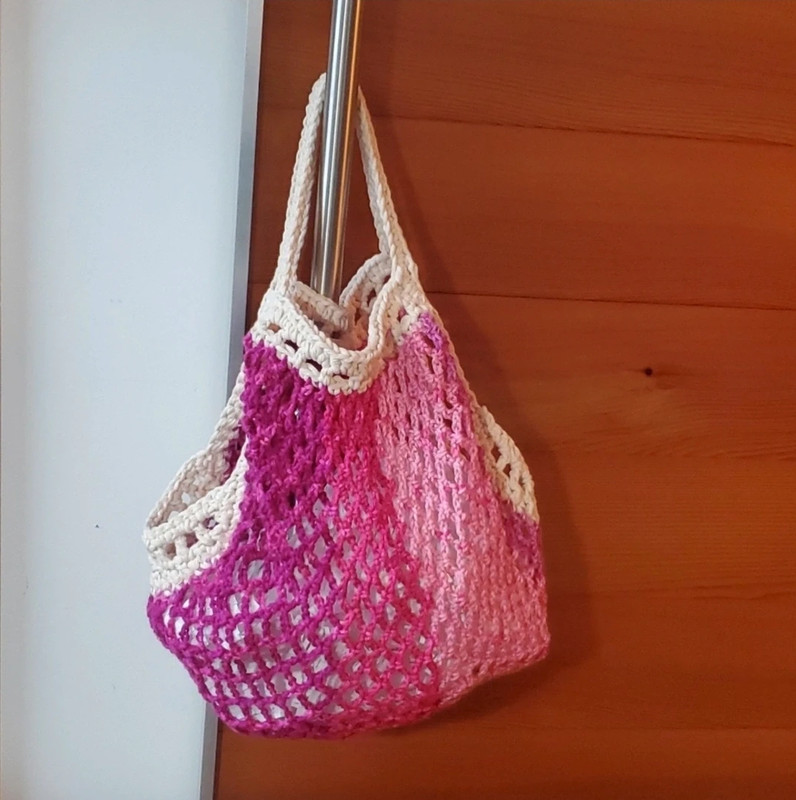 Handmade Market Bag Pink Crochet Fuchsia Shopping Beach Tote Sack Net Cotton 4