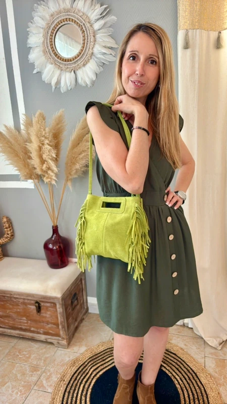 Sac bohème vert cuir avec franges et bandoulière - photo numéro 3