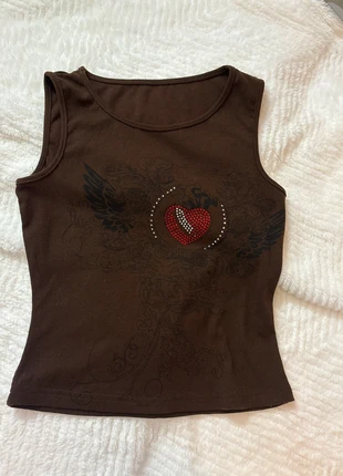 dark brown rhinestone heart print shirt, staat: Nieuw zonder prijskaartje, maat: S / 36 / 8, € 10,00, € 11,20 inclusief Kopersbescherming