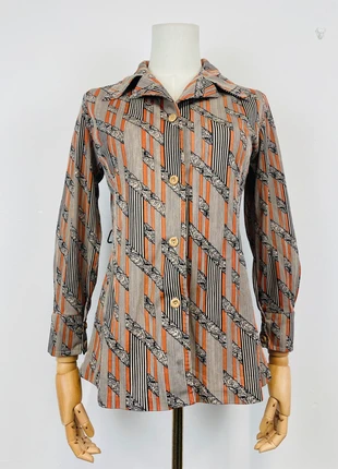 Vintage 70s Beige Black Orange Abstract Stripe Print Shirt 10, brand: Vintage Dressing, condition: Very good, size: M / 10, £14.00, £15.40 includes Buyer Protection