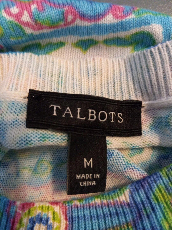 Talbots Women Teal Geometric Pattern Knit 3/4 Sleeve Cardigan Size Medium 4