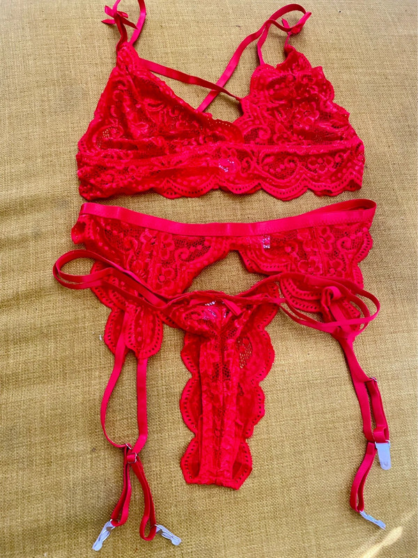 3 pc Red Lace Garter Lingerie Panties Bralette 1