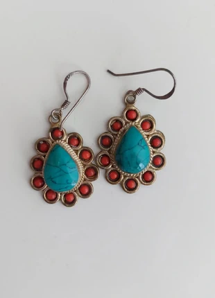 Pendientes étnicos de India: coral y turquesa, état: Très bon état, 10,00 €, 11,20 € Protection acheteurs incluse