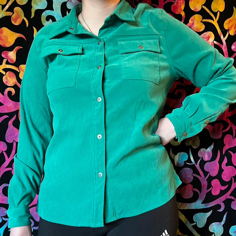 Vintage green suede feeling polyester button up shirt/jacket 1