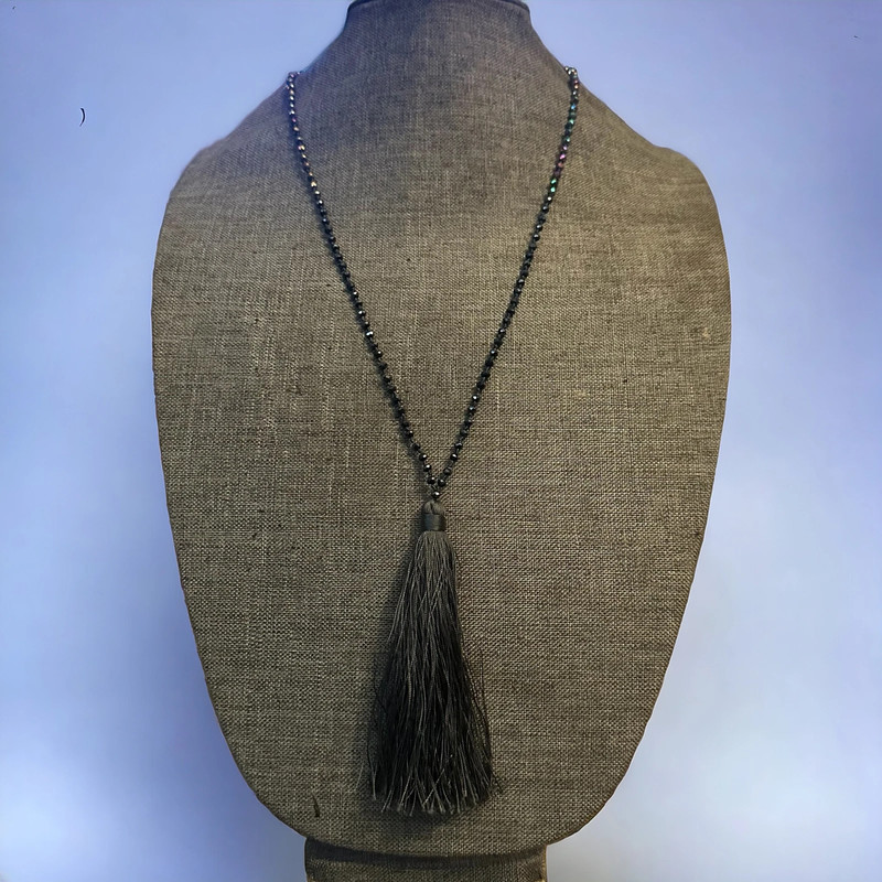 Zacasha long gray beaded tassel necklace 1