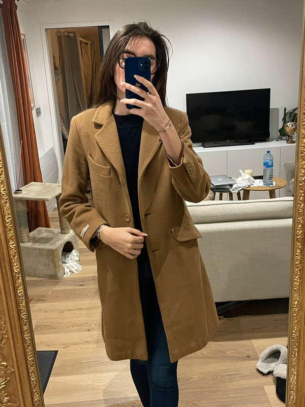 Manteau mi long oversize coupe blazer cachemire et laine camel marron 5