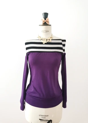 Top off shoulder épaules dénudées violet rayure blanc gris, marca: L&L, estado: Muito bom, tamanho: S / 36 / 8, €7.00, €8.05 inclui Proteção do Comprador