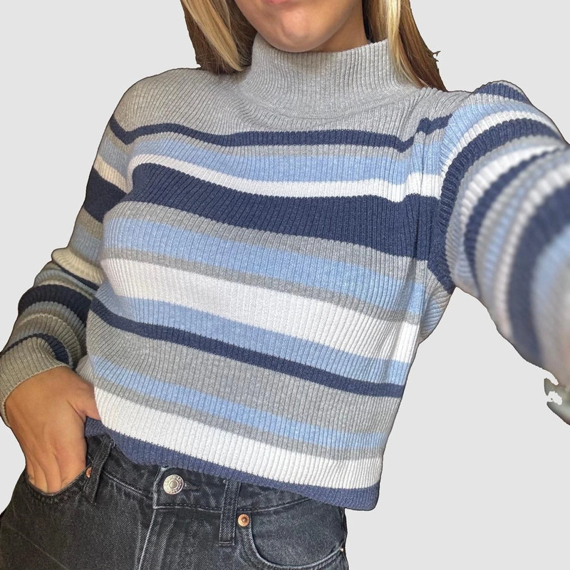 vintage 90s blue gray striped turtleneck sweater Vinted