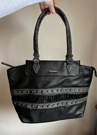 vintage grey and black leather silver zip detailing studded handbag, brand: GALITZINE, condition: Very good, £22.50, £24.33 includes Buyer Protection