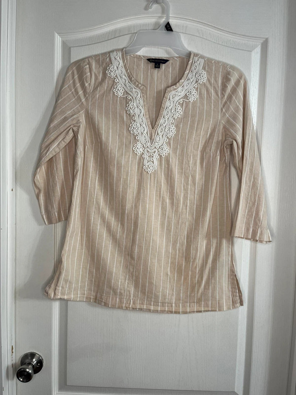 Brooks Brothers Linen Blend Tunic Womens S Beige Embroidered 3/4 Sleeve 2584 1