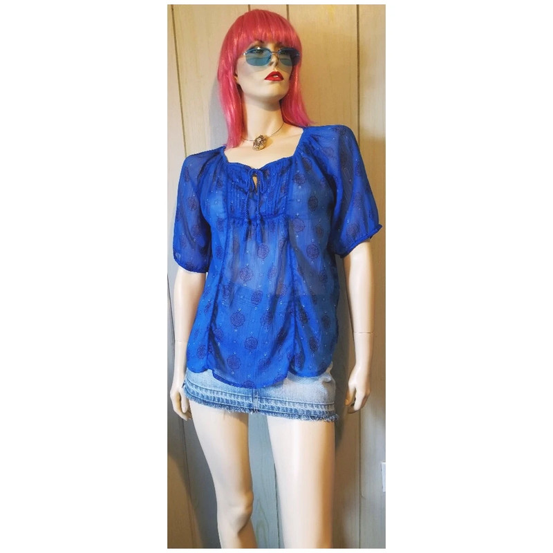 Retro Boho Sheer Sapphire Blue Chiffon Babydoll Peasant Top 2